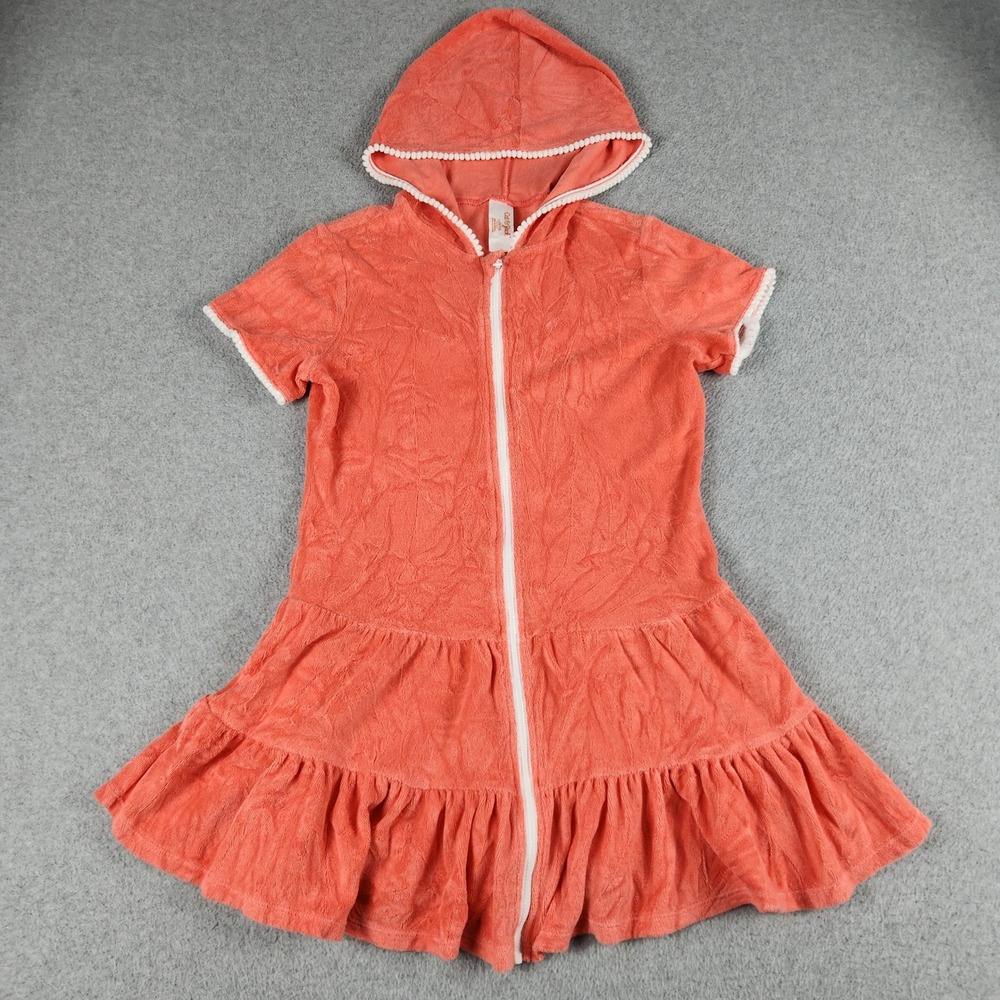Cat & Jack Swimsuit Cover-Up Girls Large Orange Fleece Tiered Hooded Full Zip